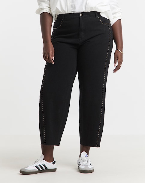 Black Side Studded Barrel Leg Jeans