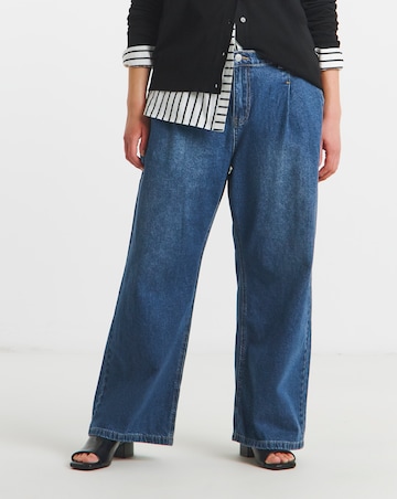 Simply Be Mid Blue Pleat Detail Wide Leg Jeans