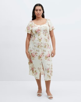 Mango Buttoned Floral Print Linen Blend Midi Dress