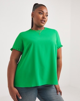 Green Frill Sleeve Dip Back Boxy Blouse