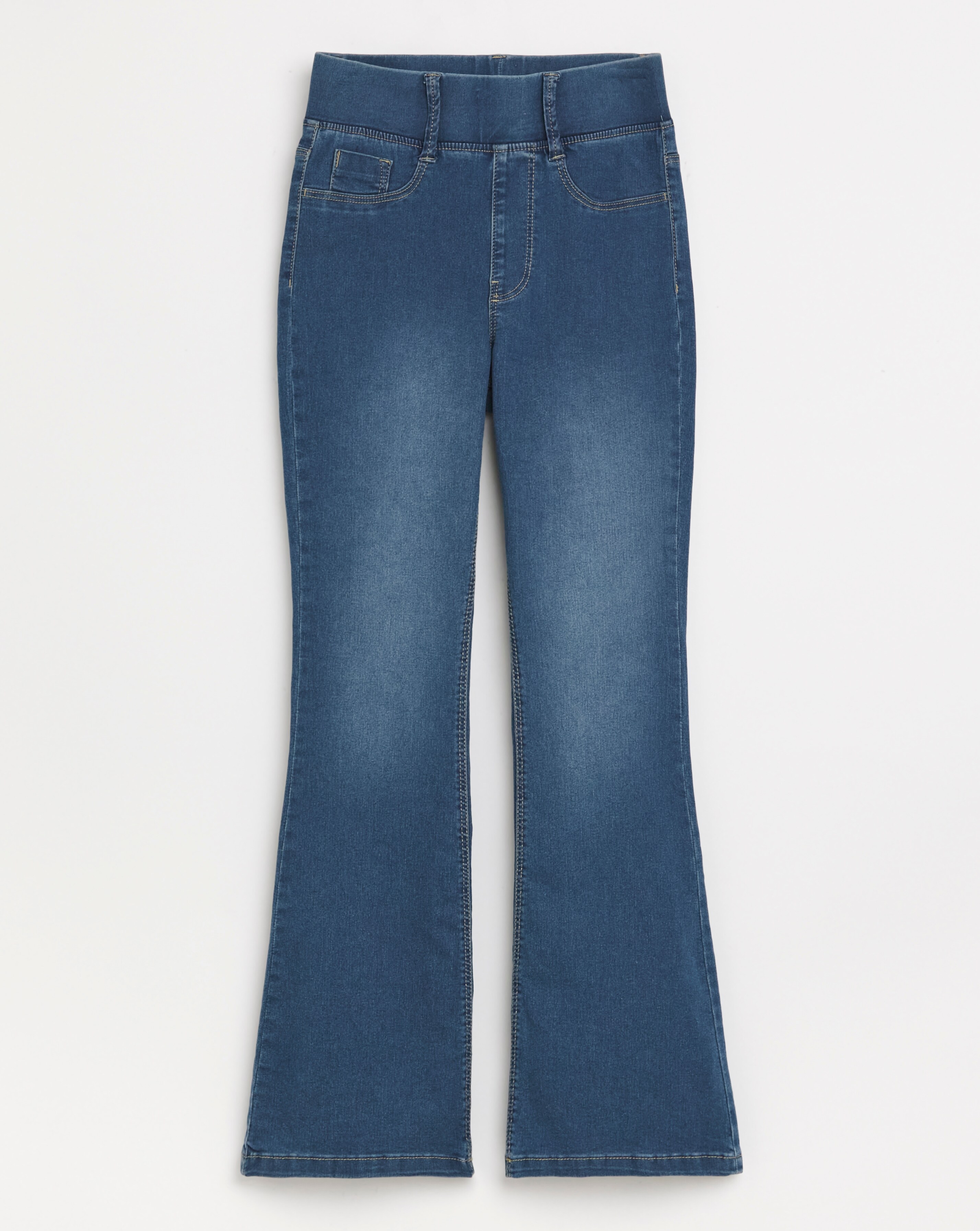 Mid Wash Stretch Flared Pull On Jeggings Simply Be