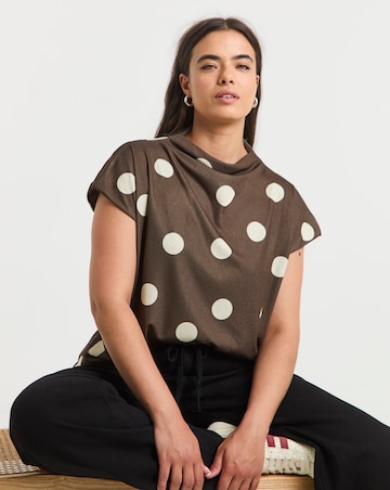 Brown Spot Print Slash Neck Mesh Top