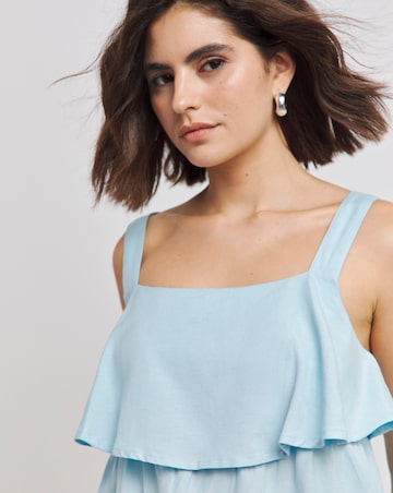 Blue Linen Frill Detail Vest Top