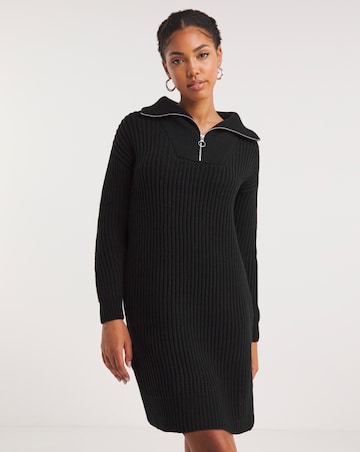 Black Zip Neck Knitted Dress