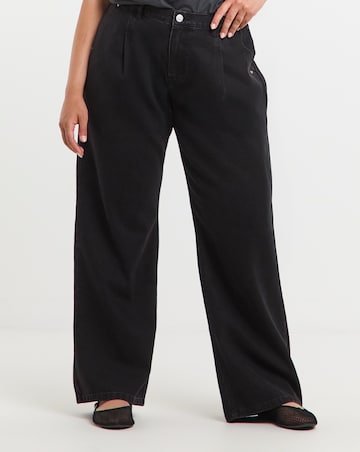 Washed Black Pleat Detail Wide Leg Jeans