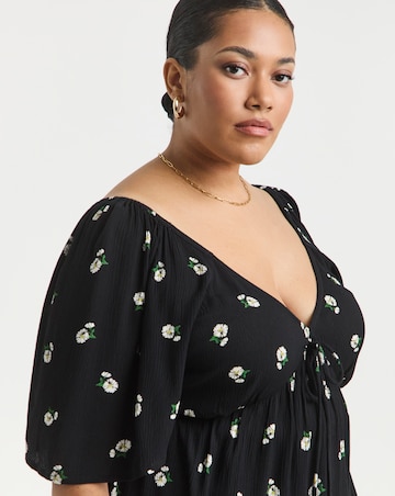 Simply Be Black Ditsy Crinkle Short Sleeve Tie Front Blouse