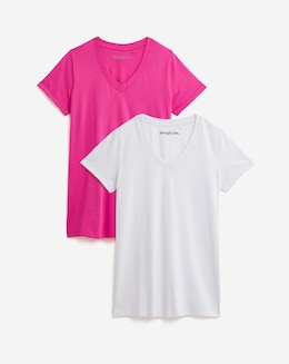 White &amp; Hot Pink 2 Pack V Neck Longline T-Shirts