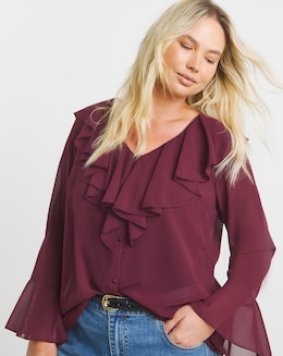 Wine Romantic Ruffle Button Through Blouse