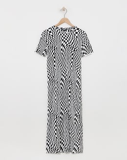 Checkerboard Print Plisse T-Shirt Midi Dress
