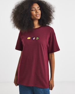 Burgundy Christmas Cheese Board Embroidery T-Shirt