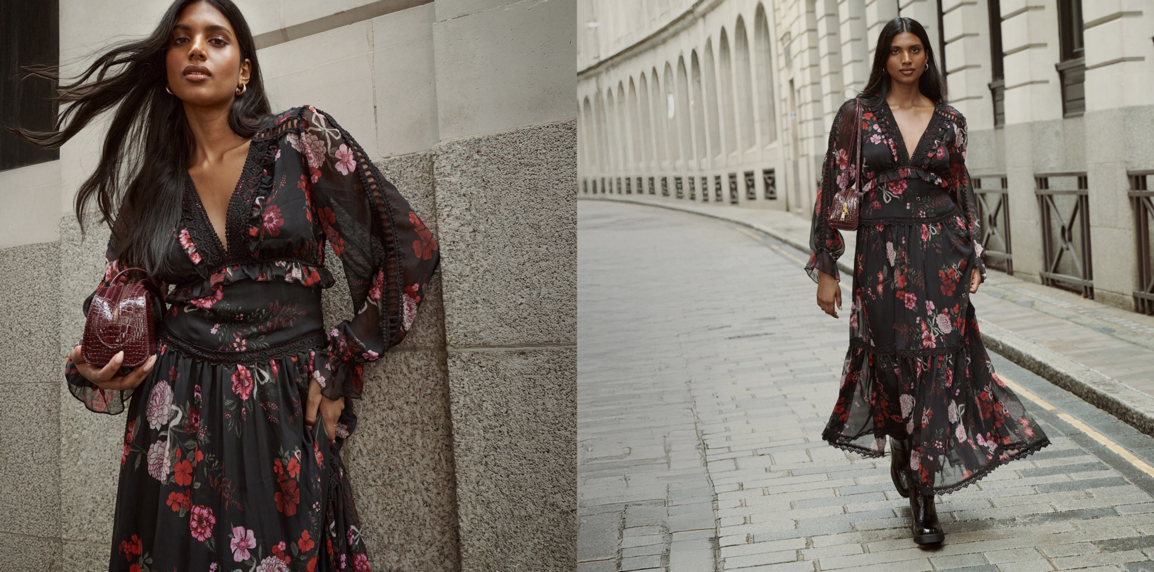 Model wears black floral dress