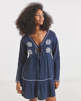 Native Youth Floral Embroidered Gauze Mini Dress