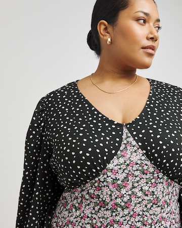 Mixed Floral Spot Print Long Sleeve Waffle Midi Dress