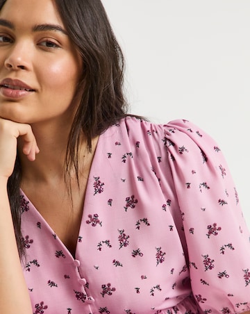 Pink Ditsy Floral Print Button Through Midi Dress With Pockets