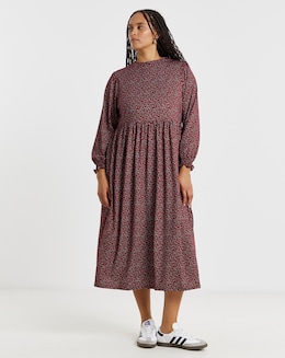 Red Ditsy Print Supersoft Midi Dress With Shirred Cuff