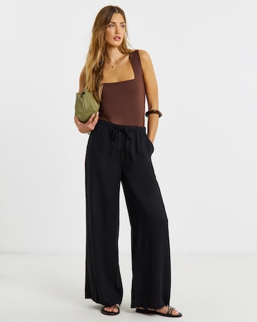 Black Tie Waist Linen Mix Wide Leg Trousers