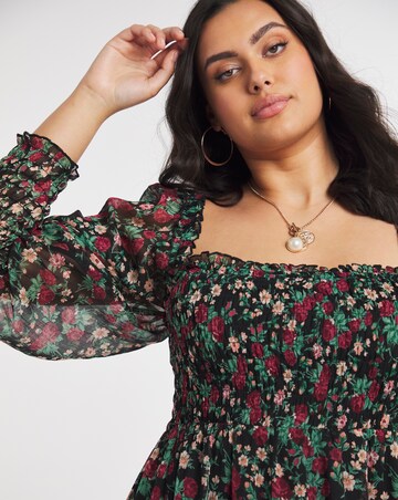 Floral Print Long Sleeve Shirred Chiffon Maxi Dress