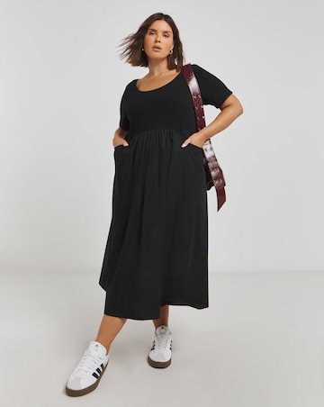 Black Jersey Poplin Mix Apron Dress With Pockets