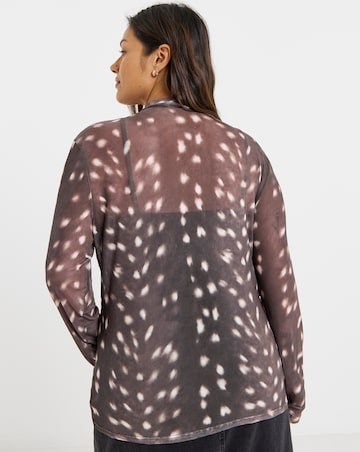 Brown Deer Print High Neck Mesh Top