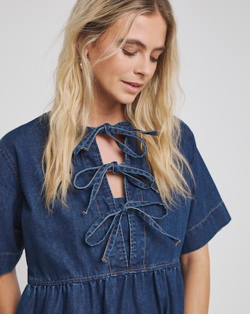 Mid Blue Denim Tie Front Midi Dress