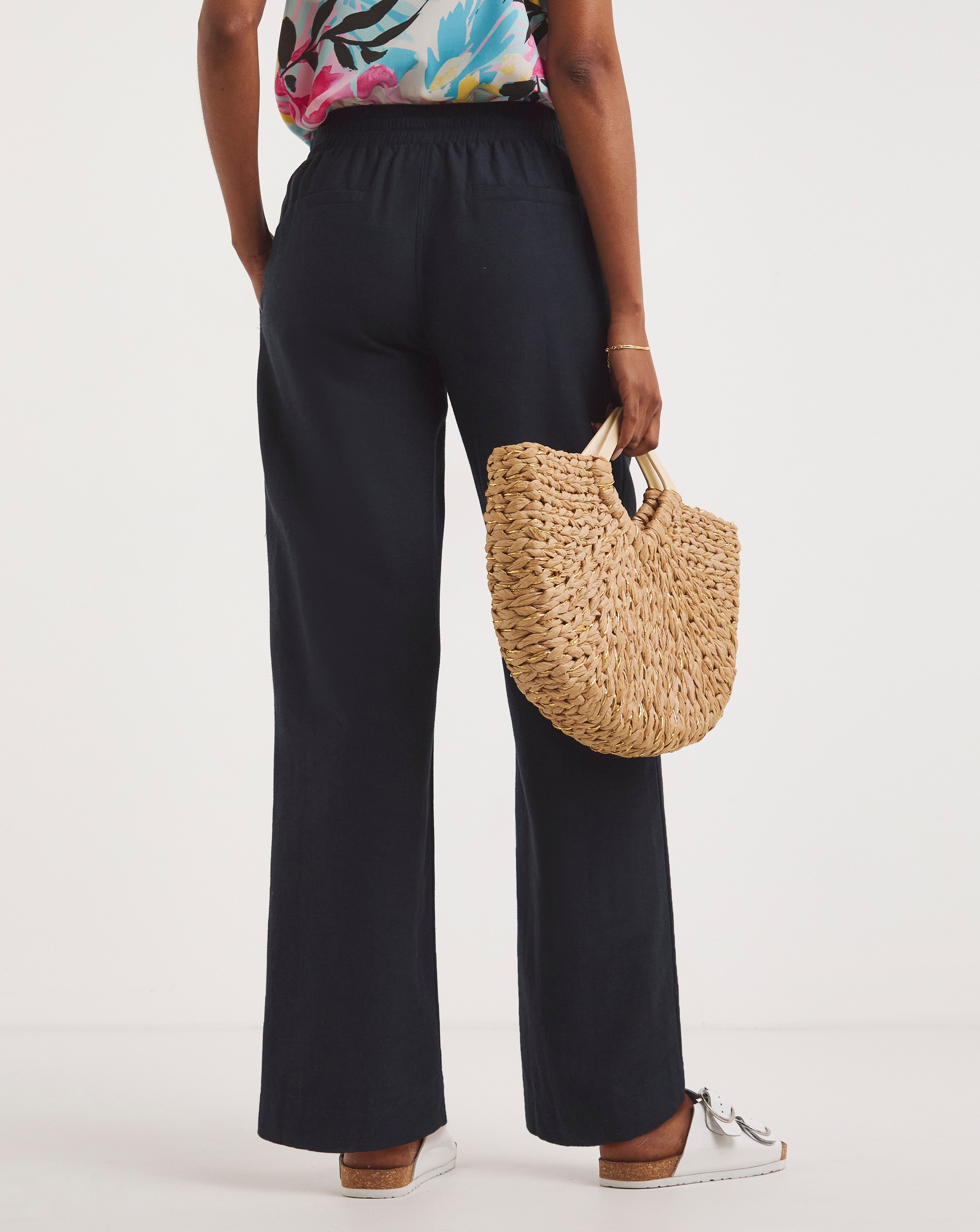 Navy Linen Mix Straight Leg Trousers Simply Be