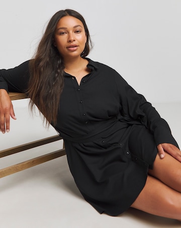 Black Tie Waist Long Sleeve Skater Shirt Dress