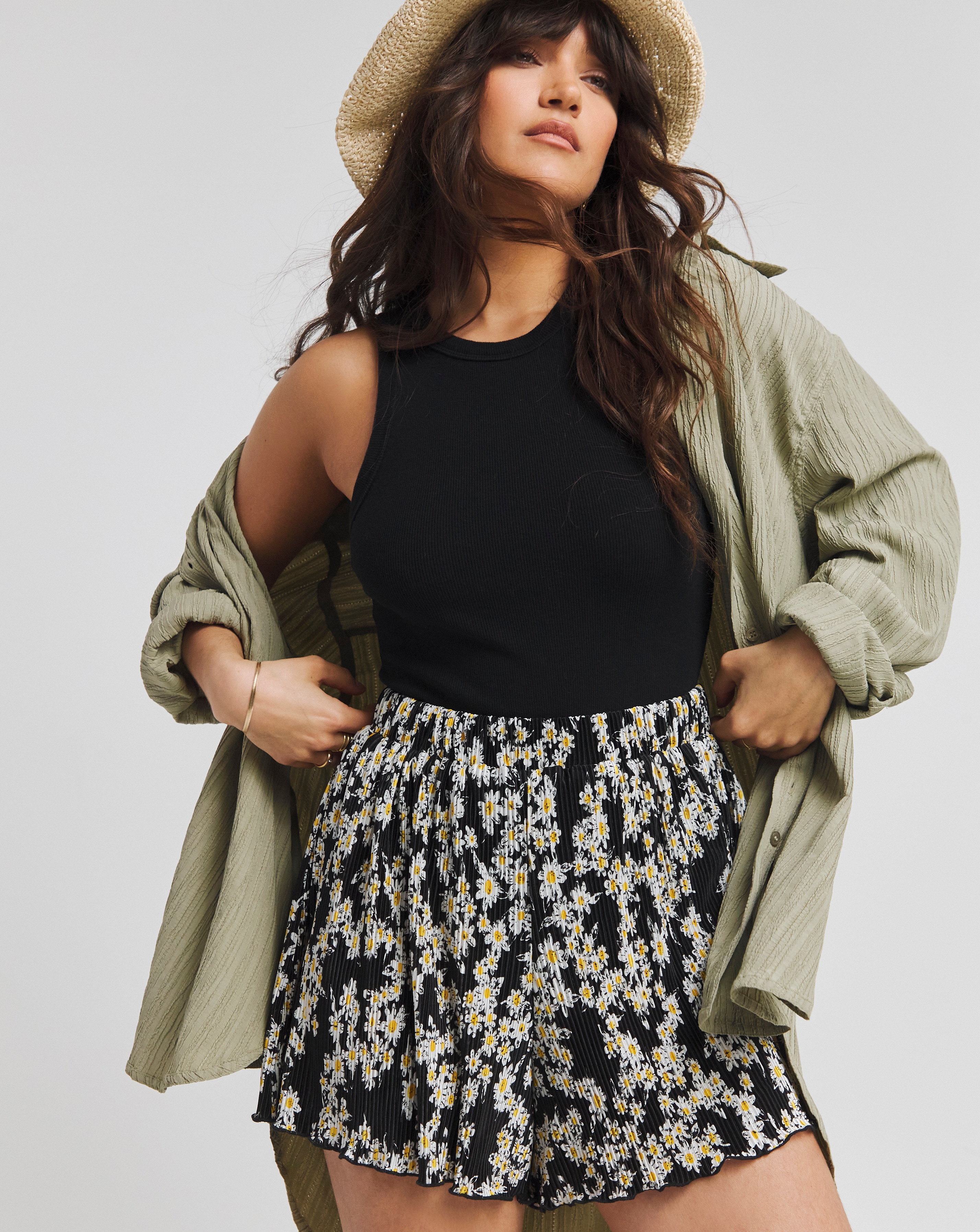Daisy Print Plisse Flippy Shorts Simply Be