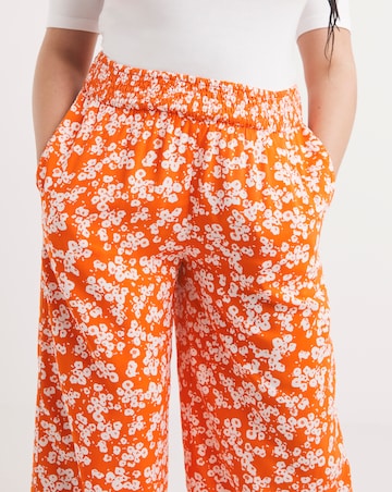 Orange Floral Print Lightweight Woven Shirred Waist Wide Leg Trouser