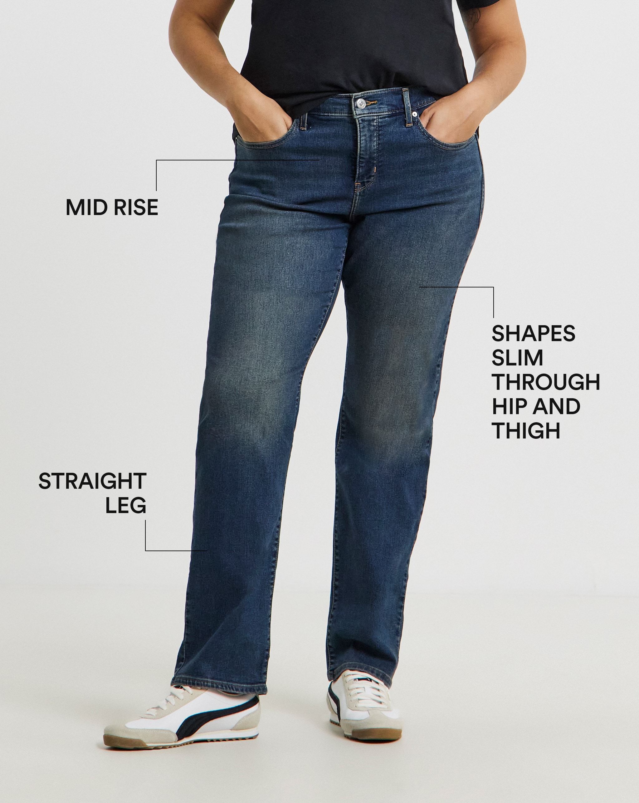314 Shaping Straight pictured. Showing mid-rise, straight leg and Shapes slim through hip and thigh.
