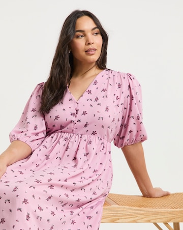 Pink Ditsy Floral Print Button Through Midi Dress With Pockets