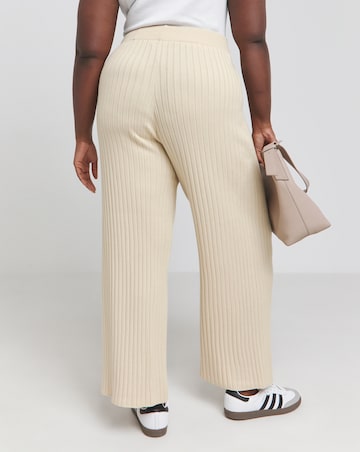 Beige Ribbed Knitted Wide Leg Trousers