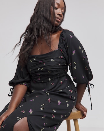 Black Floral Print Soft Volume Midi Dress