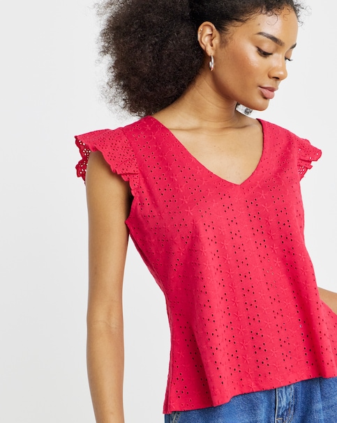 Simply Be Red V Neck Ruffle Sleeve Stretch Broderie Top