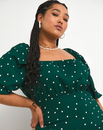 Green Spot Long Sleeve Milkmaid Waffle Midi Dress