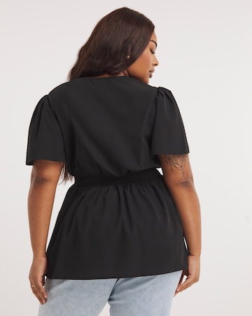 Black Shirred Waist Angel Sleeve Blouse