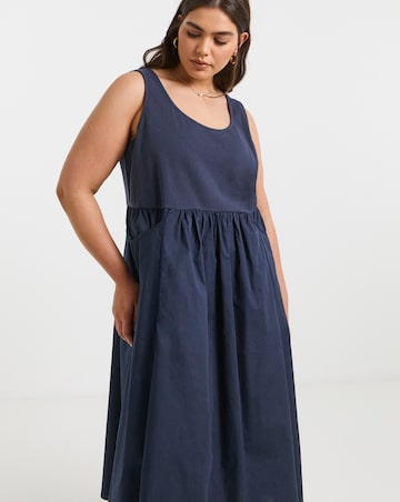 Navy Jersey Poplin Mix Apron Dress With Pockets