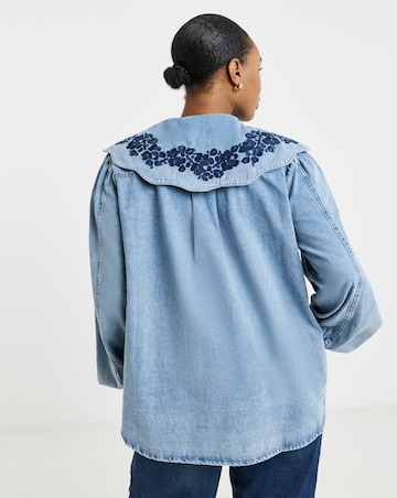 Mid Wash Puff Sleeve Denim Blouse with Embroidered Collar