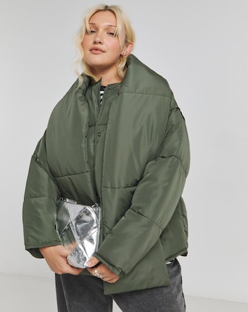 Khaki Round Neck Jacket With Detachable Scarf