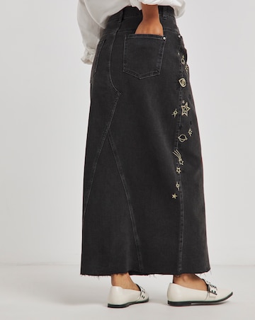 Simply Be X Twisted Wunder Black Cosmic Mix A Line Denim Maxi Skirt