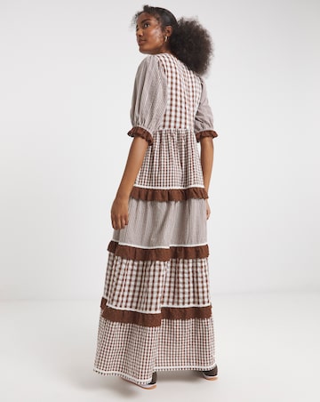 Neon Rose Gingham Midaxi Dress with Contrast Scales, trims, tie back detail