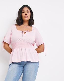 Tie Front Shirred Waist Peplum Top
