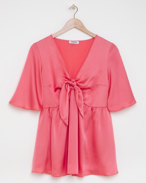 Satin Knot Front Angel Sleeve Blouse