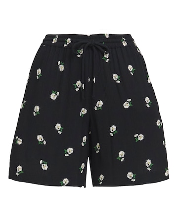 Black Daisy Print Tie Waist Crinkle Shorts