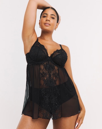 Pretty Secrets Ella Lace Babydoll Black Sparkle