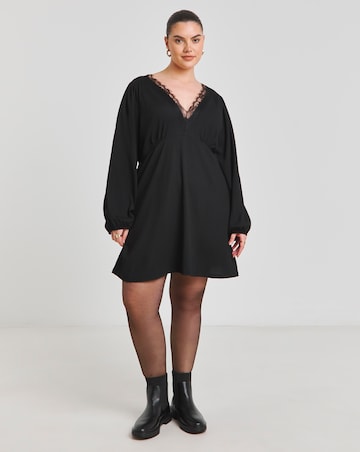 Black Long Sleeve Waffle Lace Trim Skater Dress