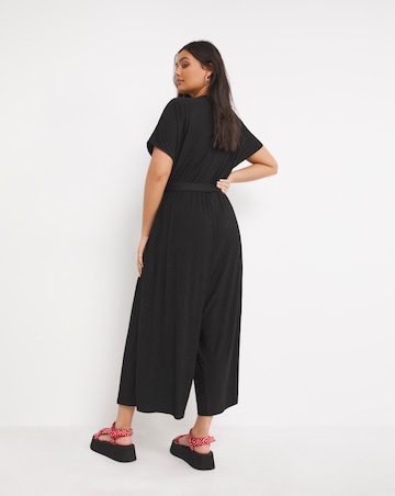 Black Short Sleeve Plisse Wrap Culotte Jumpsuit with Tie Belt