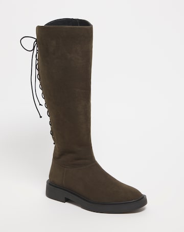 Bonn Lace Up Back Flat Knee High Boots Ex Wide Fit Super Curvy Calf