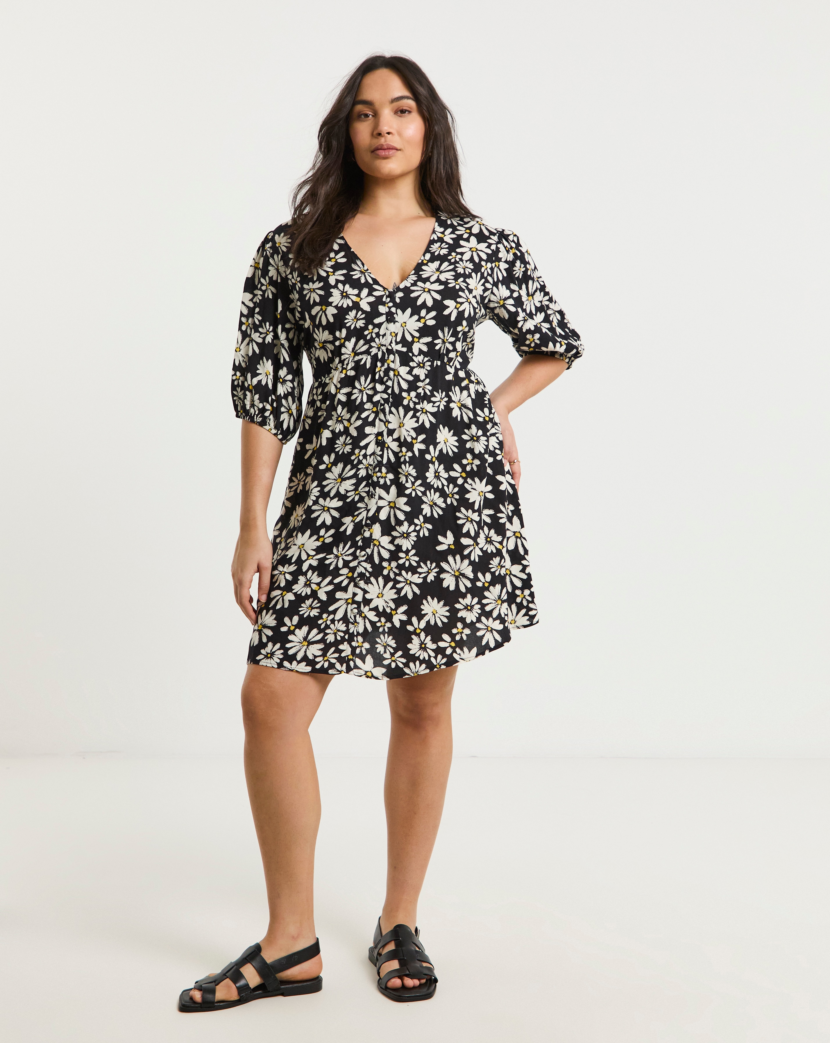 Simply Be Daisy Print Button Through Viscose Skater Dress | Simply Be