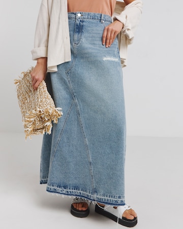 Simply Be Light Wash Rip and Repair Denim Maxi Skirt