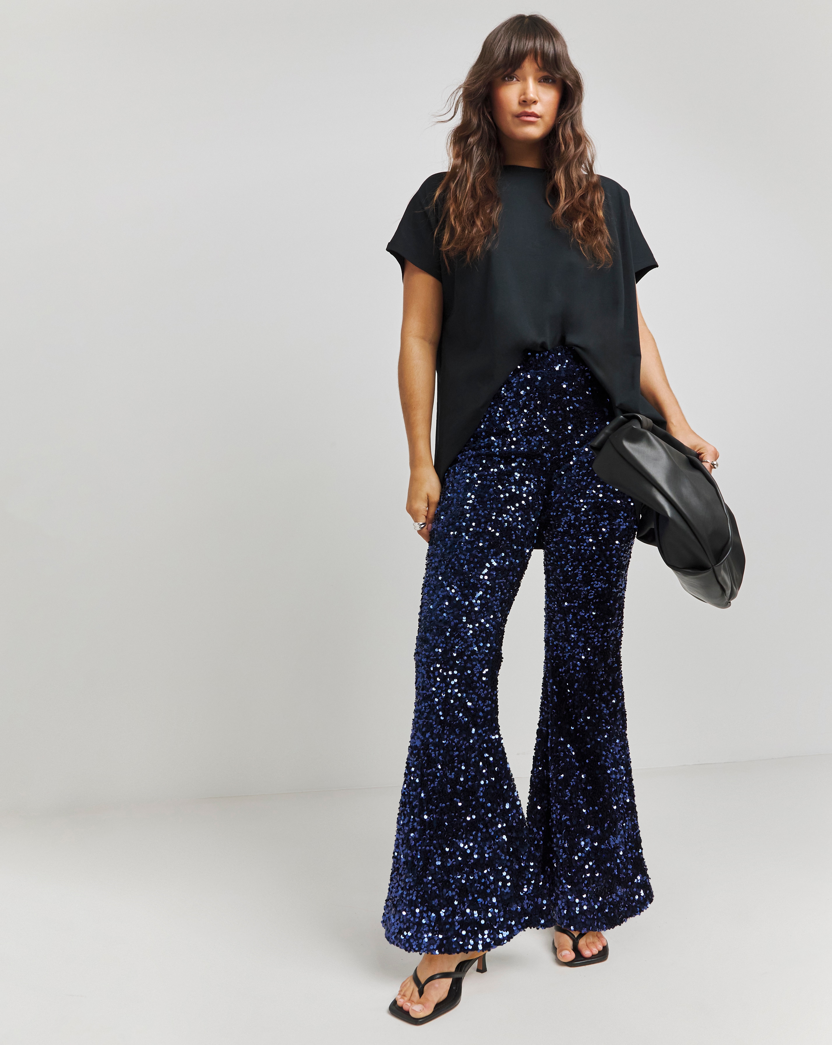 Navy Flared Sequin Trousers | Simply Be
